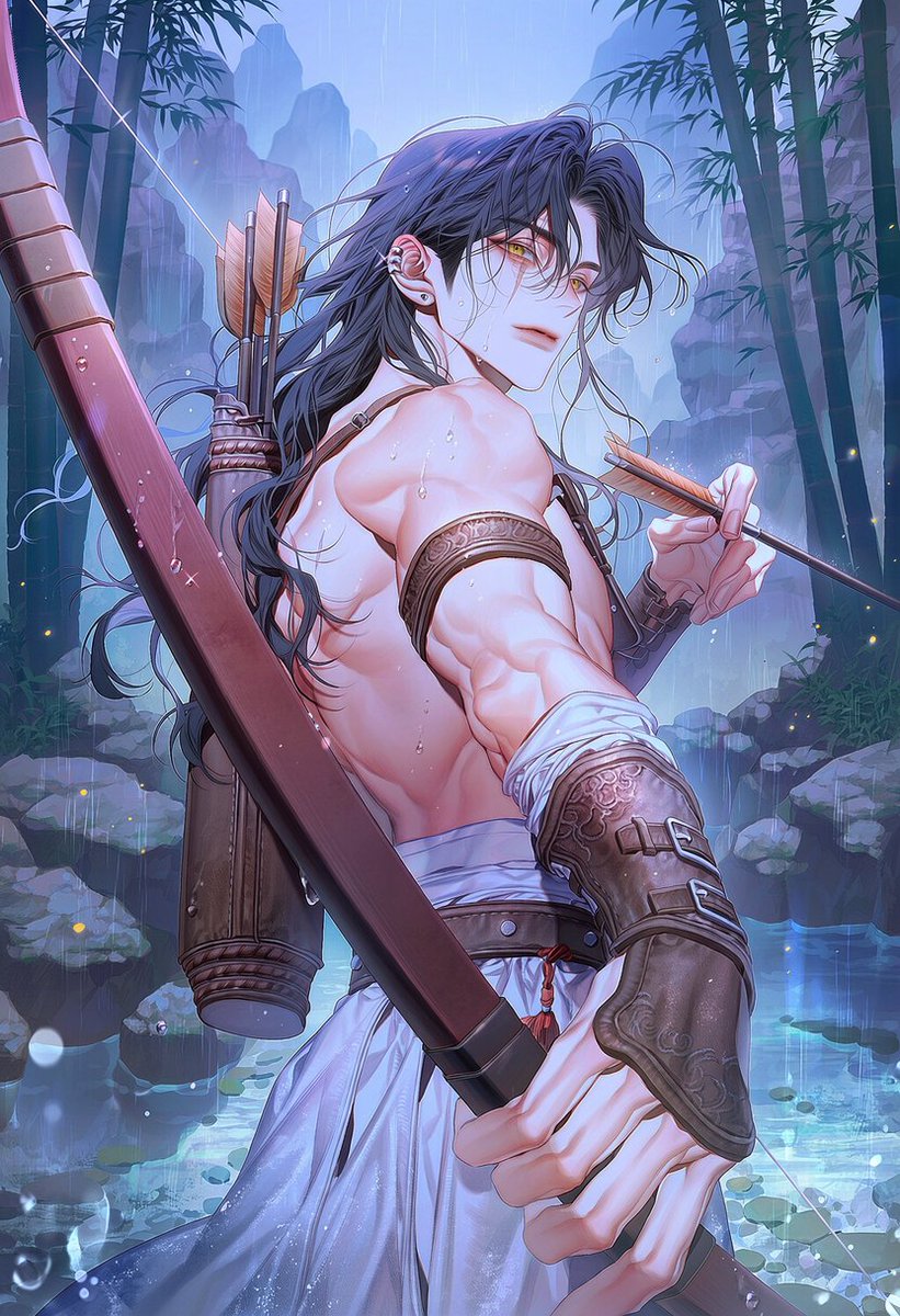 2__han__'s tweet photo. ᴾᴿᴼᴹᴾᵀ           
프롬프트 공유 _ 자유롭게 수정, 사용

bare shoulders, shirtless upper body, pronounced back muscles, leather bracers, gauntlets, upper arm band, traditional korean attire, white baji, traditional skirt-like lower garment over trousers, sash, leather belt, quiver with traditional arrows on back, Gakgung, traditional Korean bow, 7:: long hair::

holding traditional bow and arrow, nocking an arrow, pulling bowstring, aiming at a distance, back view, over shoulder view, powerful stance, dramatic angle, action pose, back muscles on display, sweat, rain on skin,

traditional Korean forest, ancient trees, pine trees, mossy stones, rocky mountain background, bamboo grove, falling rain, raining, misty atmosphere, dramatic lighting, low light,
