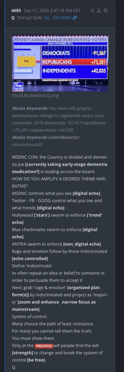 rossierebay's tweet photo. 👉🏼PRECIPICE, we are going to be “Right on the edge of your seat”soon. 🚨😳🚨😳🚨

Q4685 Sep 12, 2020 9/12<>9/21? 🤯
          👉🏼YOU MUST SHOW THEM
Only at the PRECIPICE will people find the will [strength] to change and break the system of control [be free].