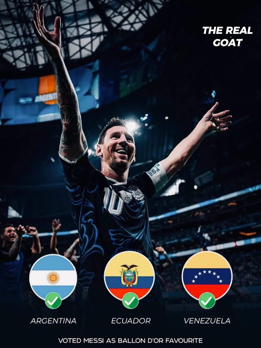 GOA10T's tweet photo. 🚨🇦🇷 ليونيل ميسي يتقدم مبكرًا في سباق التصويت على الكرة الذهبية! 🏆🔥

🇦🇷 الأرجنتين، 🇻🇪 فنزويلا و🇪🇨 الإكوادور اختارت ميسي كمرشحها المفضل للكرة الذهبية، ليحصل على 15 نقطة من كل دولة. 

🐐 قائد الأرجنتين يحصد دعمًا مبكرًا من أمريكا الجنوبية ويضع نفسه في دائرة المنافسة بقوة! 👑🔥 https://t.co/HCwUe0rpCD