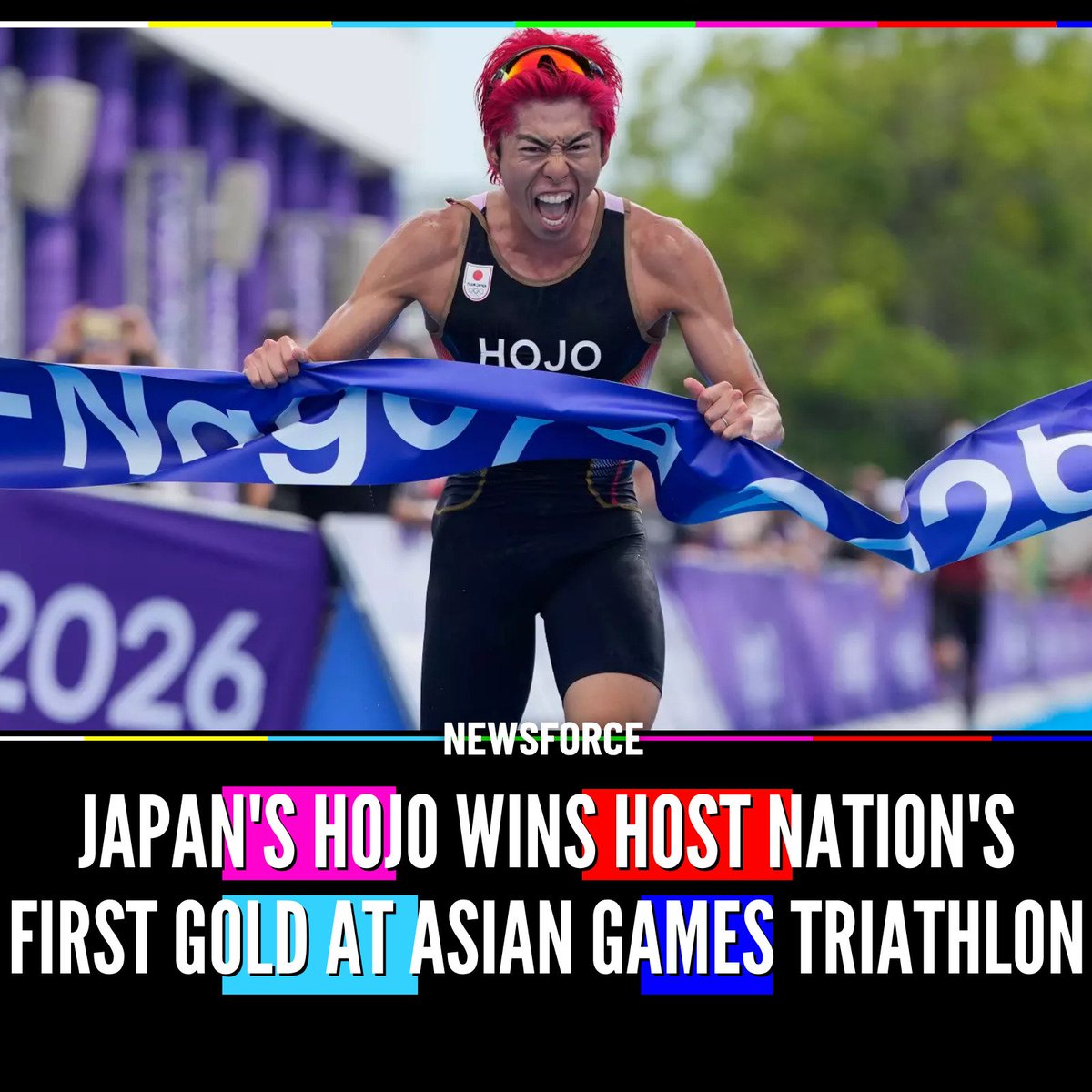 Newsforce's tweet photo. 🇯🇵 Japan claimed the first gold medal of the Aichi-Nagoya Asian Games as host nation, with Takumi Hojo winning the men's individual triathlon on home soil.

Hojo trailed in 4th after the swim and 5th after the bike leg before breaking away on the run to win by 9 seconds over China's Zhang Xirui, with Kazakhstan's Arlan Zhanabay taking bronze.