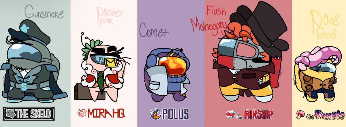 InkyChip's tweet photo. Finished turning every map of among us into a crewmate! They’re named after their colors specifically, Gunsmoke, Pastel Pink, Comet, Flush Mahogany, and Pale Gold #amongus #amongusvideogame #amongusgame https://t.co/q6i6I806Xk
