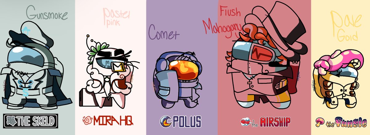 InkyChip's tweet photo. Finished turning every map of among us into a crewmate! They’re named after their colors specifically, Gunsmoke, Pastel Pink, Comet, Flush Mahogany, and Pale Gold #amongus #amongusvideogame #amongusgame https://t.co/q6i6I806Xk