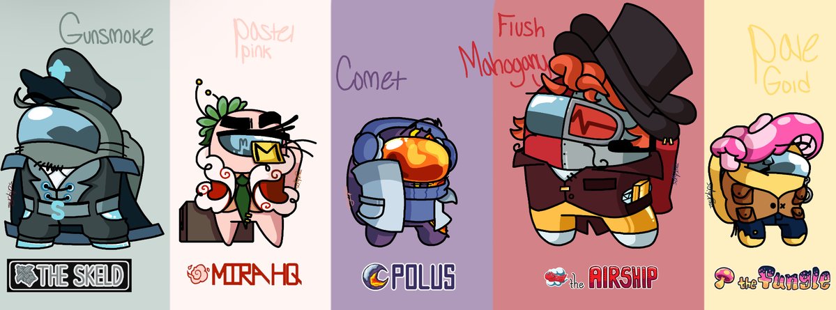 InkyChip's tweet photo. Finished turning every map of among us into a crewmate! They’re named after their colors specifically, Gunsmoke, Pastel Pink, Comet, Flush Mahogany, and Pale Gold #amongus #amongusvideogame #amongusgame https://t.co/q6i6I806Xk