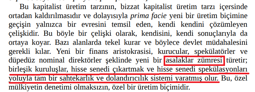 inanmutlu1's tweet photo. Marx Kapital'in 3'üncü cildinde bugünkü fon vurguncularını anlatır:

"Yeni bir finans aristokrasisi, kurucular, spekülatörler ve düpedüz nominal direktörler şeklinde yeni bir asalaklar zümresi türetir: birleşik kuruluşlar, hisse senedi çıkarmak ve hisse senedi spekülasyonları yoluyla tam bir sahtekarlık ve dolandırıcılık sistemi yaratmış olur"