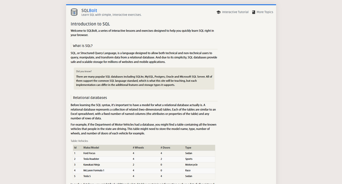 satriahelmy's tweet photo. Kalau baru mulai belajar SQL, tapi pengen langsung latihan query.

Salah satu resource yang menurut saya enak untuk mulai: SQLBolt.

Materinya disusun bertahap dari SELECT, WHERE, sorting, JOIN, sampai aggregate.

Yang saya suka, setiap materi langsung diikuti exercise dan query-nya bisa dijalankan langsung dari browser. Jadi nggak perlu setup database dulu untuk mulai latihan.