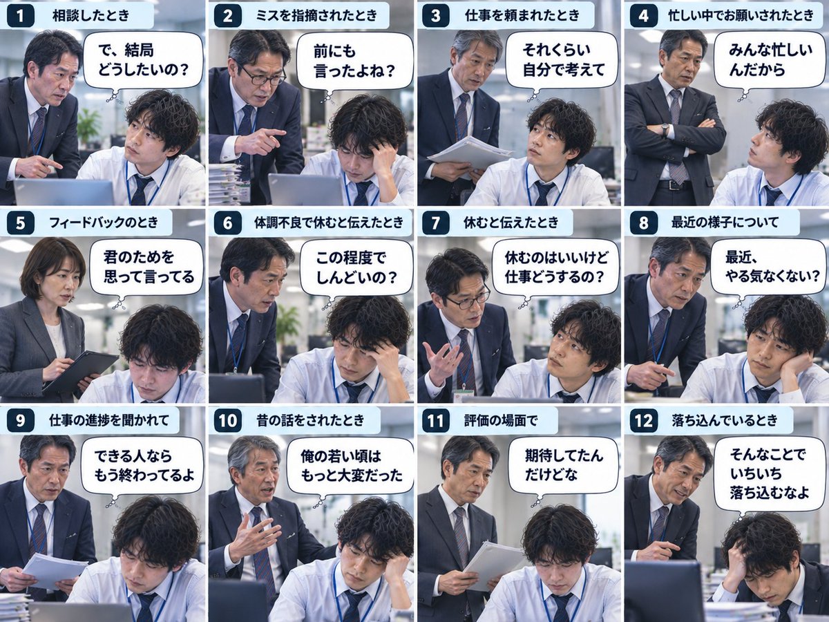 sunafu_eigo's tweet photo. 上司「そんなキツいこと言った？」
部下「12個ほど心当たりがあります」 https://t.co/fsUgNT7Cl0