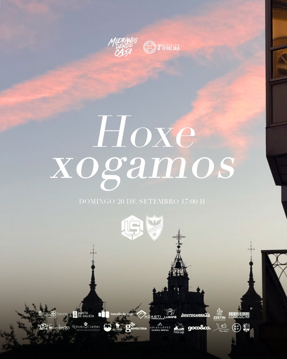 ADCLugoSala's tweet photo. HOXE XOGA o #LugoSala B! 😎

🆚 Pecheches FS 
🗓️ Domingo, 20 de setembro
⌚️ 17:00 horas
🏟️ Municipal de Lugo 
📺 @tiivii_Sports 

#LugoSalaPecheches  #MedrandoDendeCasa https://t.co/pA6PPEmNG2