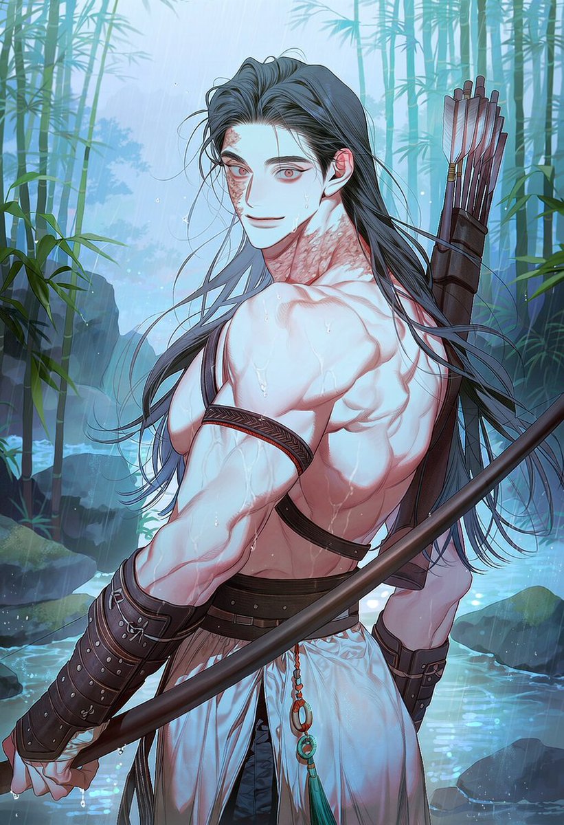 2__han__'s tweet photo. ᴾᴿᴼᴹᴾᵀ           
프롬프트 공유 _ 자유롭게 수정, 사용

bare shoulders, shirtless upper body, pronounced back muscles, leather bracers, gauntlets, upper arm band, traditional korean attire, white baji, traditional skirt-like lower garment over trousers, sash, leather belt, quiver with traditional arrows on back, Gakgung, traditional Korean bow, 7:: long hair::

holding traditional bow and arrow, nocking an arrow, pulling bowstring, aiming at a distance, back view, over shoulder view, powerful stance, dramatic angle, action pose, back muscles on display, sweat, rain on skin,

traditional Korean forest, ancient trees, pine trees, mossy stones, rocky mountain background, bamboo grove, falling rain, raining, misty atmosphere, dramatic lighting, low light,