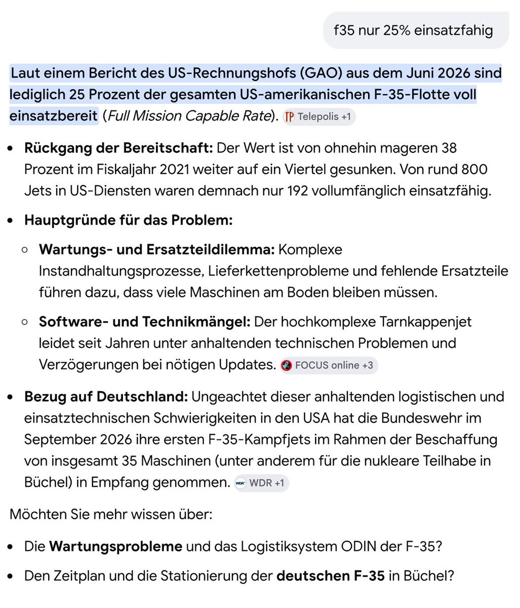 svs1946's tweet photo. F-35 Kampfjet &amp; der Buchungssatz lautet:
USA an Bundeshaushaltskasse 
€ 10 Mrd.
Ersatzteile; Schwierig!
In den USA sind nur 25% einsatzfähig.
Abhängigkeit!?
Macht ja nix; die 10 Mrd. sind erstmal weg…!
Super, Herr #Pistorius!
Wann werden die Jets an die #Ukraine verschenkt…!? https://t.co/gGvT68dFr8