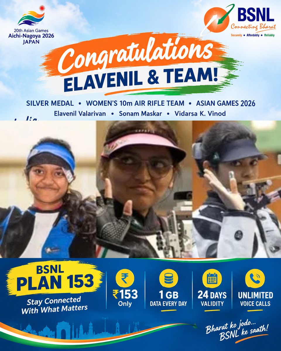 BSNL_UPW's tweet photo. Congratulations Elavenil Valarivan and team for winning 2 silver in shooting at #asiangames2026 #HamaraBharat #HamaraBSNL #BSNL4G https://t.co/nPvbOUUReJ