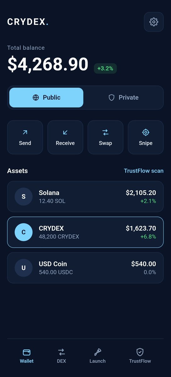 CrydexApp's tweet photo. Start building with AES-256-GCM secure
The Crydex Wallet lineup 
 Telegram wallet — first up
 iOS &amp; Android
 Windows
Trade, snipe and shield straight from Telegram. The rest follows.
Building in public  sneak peeks soon.
#wallet #solana #sniper #crydex https://t.co/gXRs7hCIcT