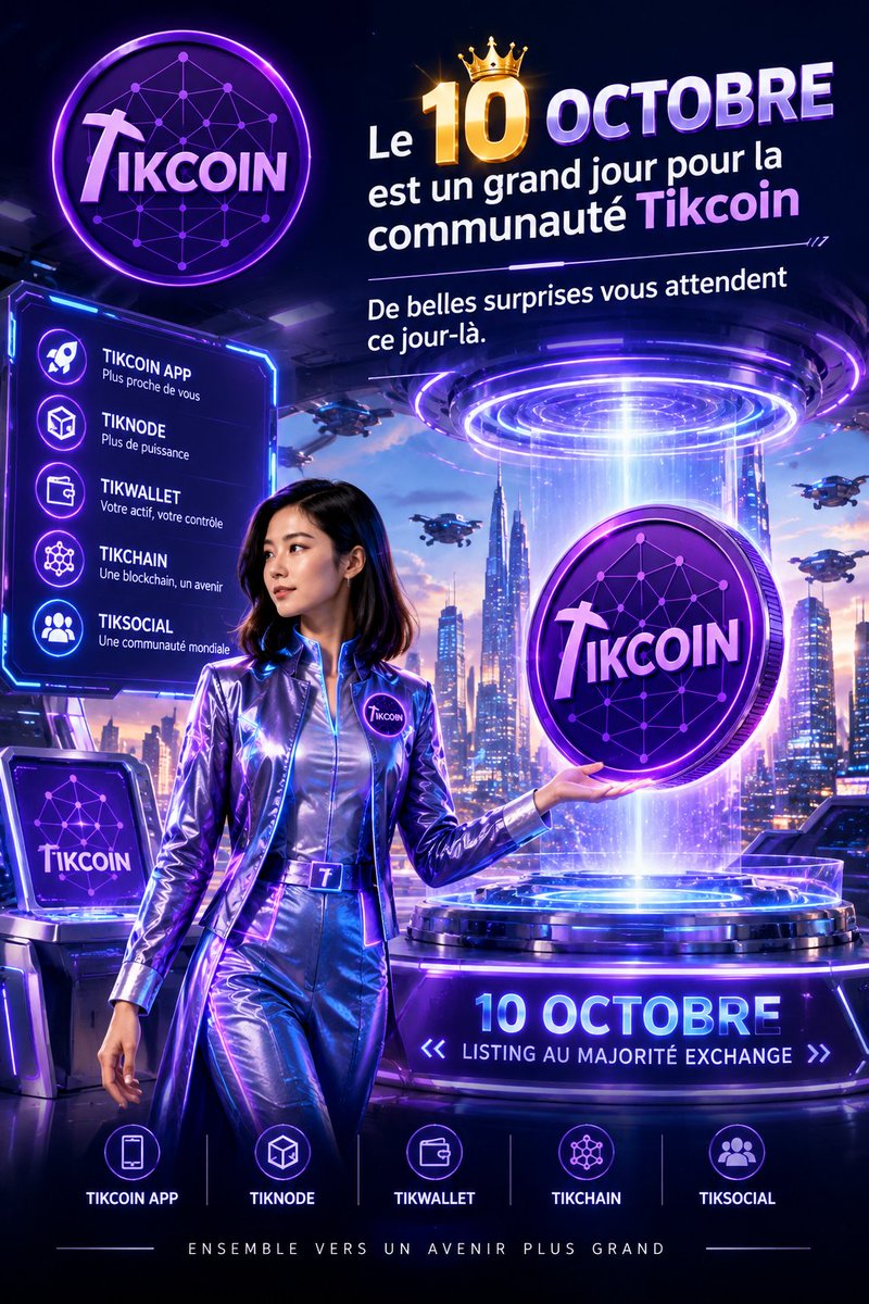 zaharaBeyoti's tweet photo. 🚀 Le 10 octobre sera un grand jour pour la communauté TikCoin ! 💜

De belles surprises vous attendent… 👀🔥
Restez actifs, gardez vos $TIK et préparez-vous pour la suite. 🚀

TikCoin — The future is coming! 💎 #TikCoin $TIK https://t.co/XgxdpBYry5