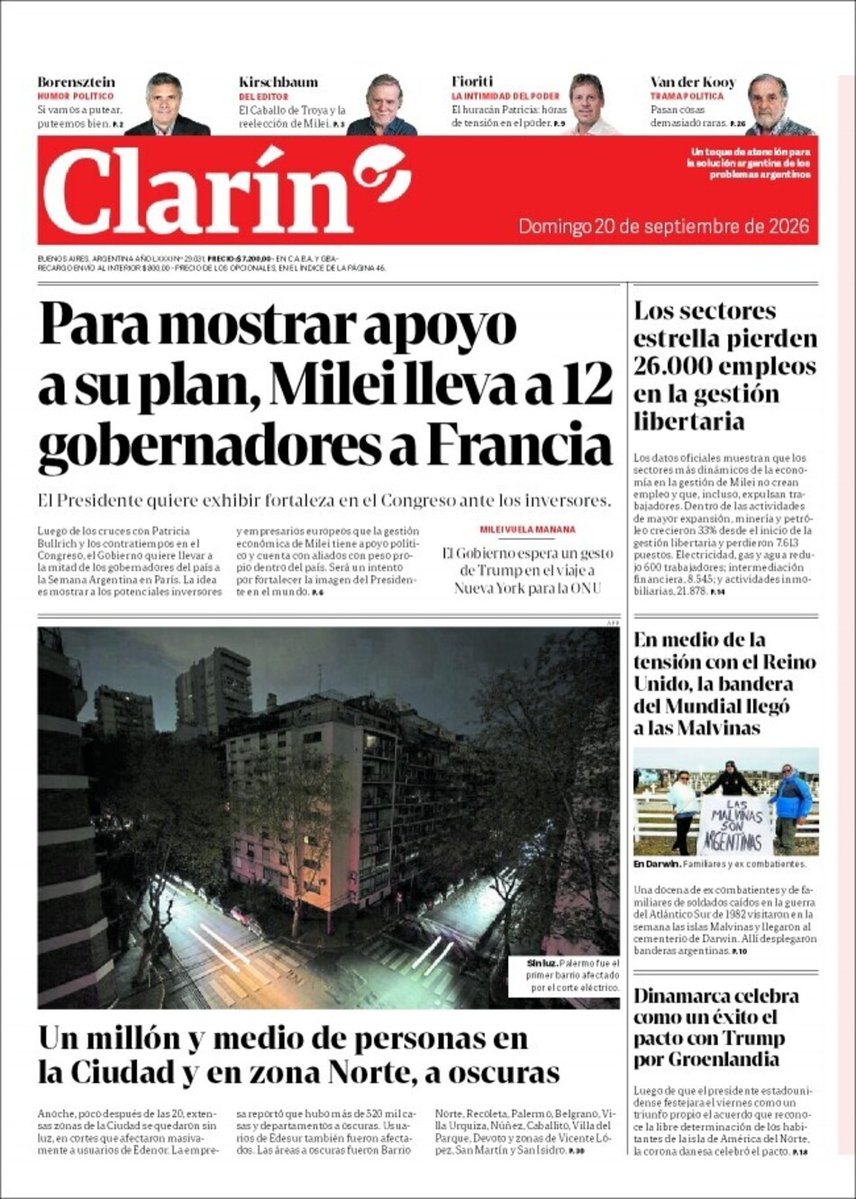 clarincom's tweet photo. Clarín — 20 de septiembre

Para mostrar apoyo a su plan, Milei lleva a 12 gobernadores a Francia
• El Presidente quiere exhibir fortaleza en el Congreso ante los inversores en la Semana Argentina en París.

Los sectores estrella pierden 26.000 empleos en la gestión libertaria
• Minería y petróleo crecieron 33% desde el inicio de la gestión y perdieron 7.613 puestos.

En medio de la tensión con el Reino Unido, la bandera del Mundial llegó a las Malvinas
• Ex combatientes y familiares visitaron las islas y desplegaron la bandera en el cementerio de Darwin.

Un millón y medio de personas en la Ciudad y en zona Norte, a oscuras
• Edenor informó que más de 520 mil casas y departamentos quedaron sin luz.

Dinamarca celebra como un éxito el pacto con Trump por Groenlandia
• El pacto reconoce la libre determinación de los habitantes de la isla de América del Norte.

(+) en https://t.co/A4FALaqSgT