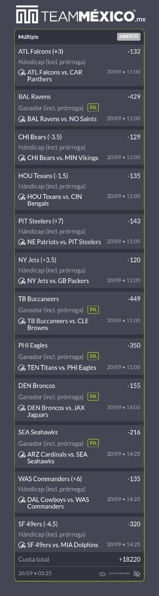 Zyro_Picks's tweet photo. Les dejo las selecciones del día de hoy 🏈

Falcons +3
Ravens ML
Bears -3.5
Texans -1.5 💎
Steelers +7
Jets +3.5
Buccaners ML
Eagles ML
Broncos -2
Seahawks ML
Commanders +6
Colts +7

Parlay +18220 🚀

Suerte ❣️ https://t.co/DBunEybSqK