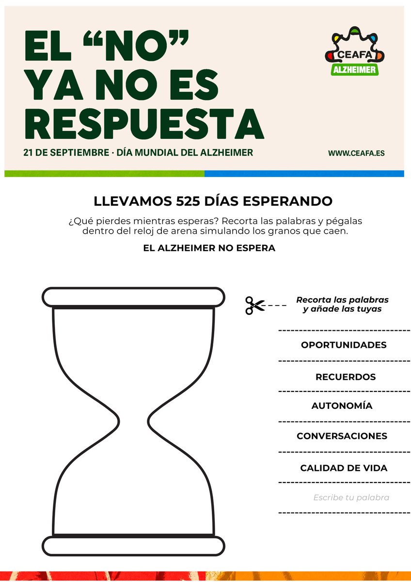 AlzheimerCeafa's tweet photo. 🧠Mañana es el #DíaMundialDelAlzheimer

Súmate al reto para dar visibilidad a la enfermedad.

🖨️Imprime la plantilla
✂️Recorta las palabras
✍️Añade lo que consideres
⌛Completa el reloj+HT #ElNoYaNoEsRespuesta+mención @AlzheimerCEAFA

Frente al #Alzheimer, #ElNoYaNoEsRespuesta https://t.co/KzOuJb7v5w