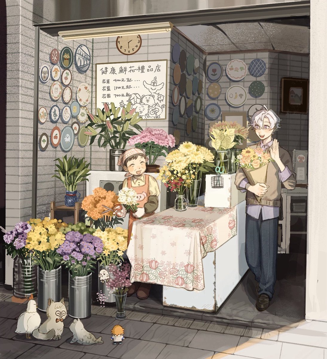 happyanpan's tweet photo. 動物朋友入鏡的版本&amp;想衣服的時候的塗鴉（秋天的感覺🍂）

不重要補充是手上的花束是黃玫瑰+向日葵+滿天星，花語是：快樂溫暖的友情/活力及勇氣/永遠的友情🌻 https://t.co/DF8u9sp8JD
