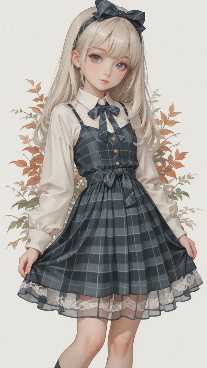 AliceLavli's tweet photo. クラシカルガーリーなタータンチェックの衣装プロンプトをどうぞ✨
outfit only, strict garment structure, strict color placement, a two-piece layered autumn outfit consisting of a heather-gray fitted knit pullover and a blue-gray tartan camisole maxi dress, separate heather-gray pullover worn underneath the dress, plain round neckline, slim three-quarter-length sleeves, each sleeve ending below the elbow with a wide double-layer cuff of gathered ivory floral lace and gray-beige lace, blue-gray woven tartan fabric with fine muted charcoal, dusty navy and pale gray vertical and horizontal lines, narrow flat shoulder straps made from the same tartan fabric, softly curved shallow V-shaped front neckline, fitted upper bodice, short centered vertical placket decorated with three tiny antique-gold buttons, gently gathered elasticized natural waist, long ankle-length A-line skirt, exactly three graduated skirt sections joined by two straight horizontal gathered seams, first seam positioned around the lower thigh and second seam around the knee, moderately full lower tiers with soft vertical folds, one small matching blue-gray tartan ribbon bow attached at each side of the first tier seam, straight layered tartan hem reaching the ankles, opaque medium-weight autumn fabric, fair porcelain skin with a cool pale undertone