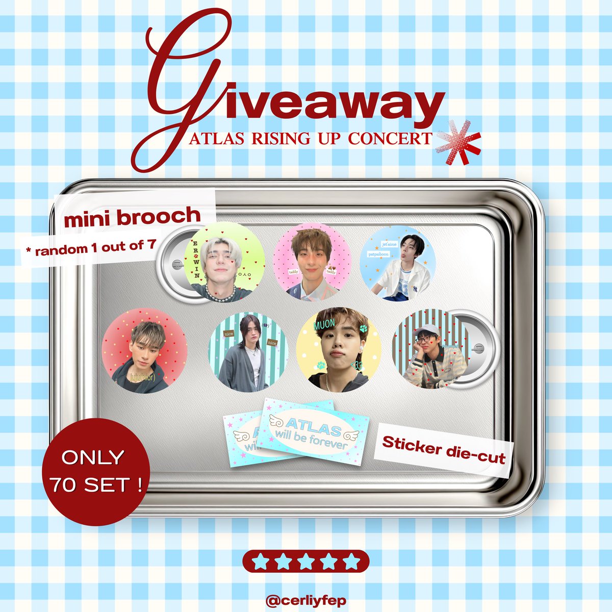 cerliyfep's tweet photo. pls kindly rt 👼🏻♥︎ ⊹

𝑮iveaway for #ATLASRisingUpConcert 🪽
 
💌 only 70 set !
      1 set / 1 person . ❣️

  1 set — mini brooch 1 ea ( random member )
             sticker die-cut 1 ea

𝓭ate : 27 sep 2026
@ Im𝓅act 𝒶rena 

#GiveawayALIS 
#ATLASth #ATLAS_th https://t.co/kvPe3hMF2Q