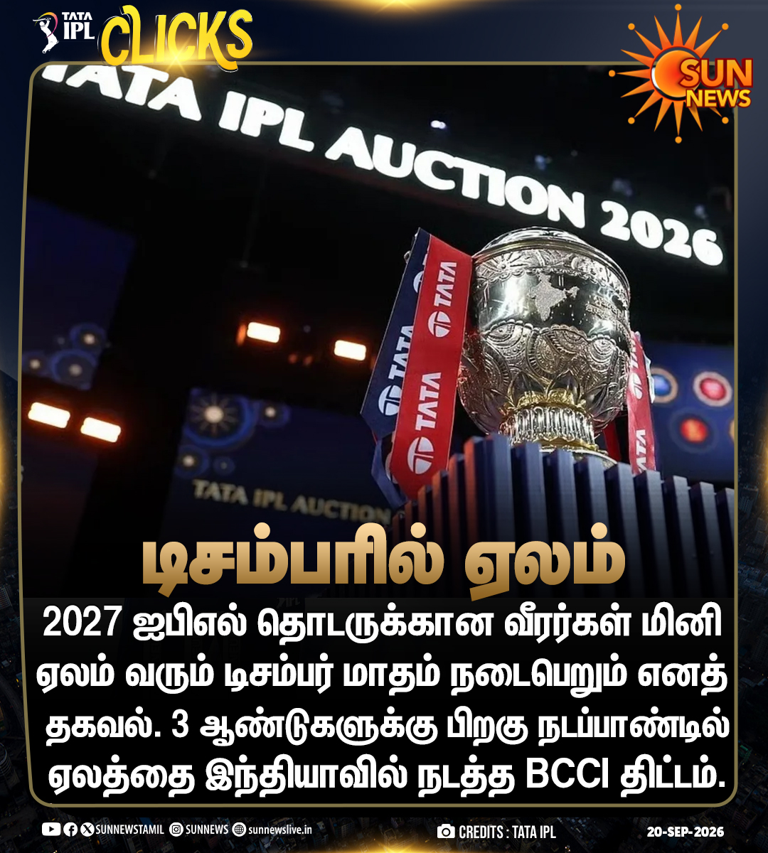 sunnewstamil's tweet photo. #IPLUpdate | மினி ஏலத்தை இந்தாண்டு இறுதியில் நடத்த திட்டம்
#SunNews | #IPLauction | #BCCI https://t.co/xuBnvesytC