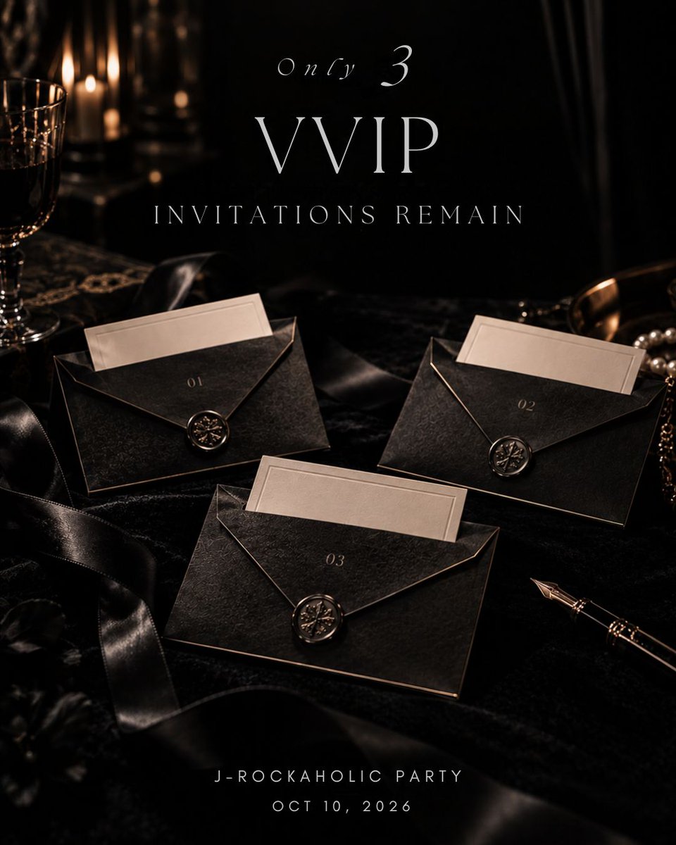 JRock_Encryp's tweet photo. Only 3 VVIP tickets remain. 🖤
Three final invitations, waiting for their names. Will one of them be yours? 👀
J-Rockaholic PARTY Vol.5
Oct 10, 2026 | Bangkok
Live Streaming Tickets are also available.
🎫https://t.co/5JMqku5x4C
#RAZOR #Kaya #SyZyGyGO
#JRockEncryption https://t.co/lCGVktatWJ