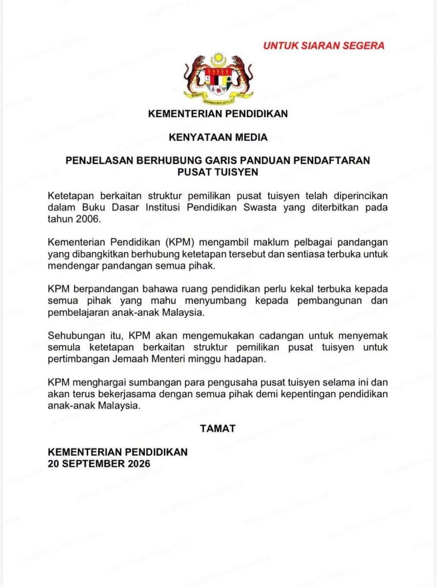 bitcoinmalaya's tweet photo. The Ministry of Education responded

if I understand correctly: 

• they claimed it is based on the 2006 policy book

• they said education must stay “open to all”

• so open that the ministry now needs Cabinet next week to decide whether its own guideline still applies

the conclusion is that there is no conclusion yet