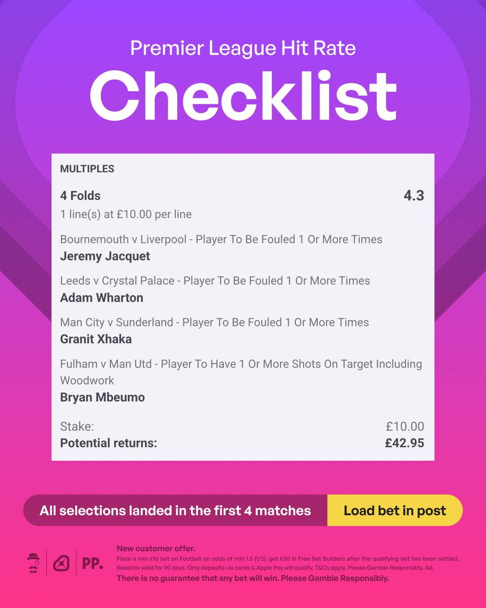 AndyRobsonTips's tweet photo. 🎯 Sunday Hit Rate Checklist

Load bet: https://t.co/8AcCuWiMBU

Join Paddy Power: https://t.co/kIizgsY7WK

Get £50 Free Bets if you join above & stake £10 on my Checklist.

✅ Each pick landed in 4/4 games.

Checklist won yesterday, let's go back to back today.

18+, T&Cs Apply. Ad.