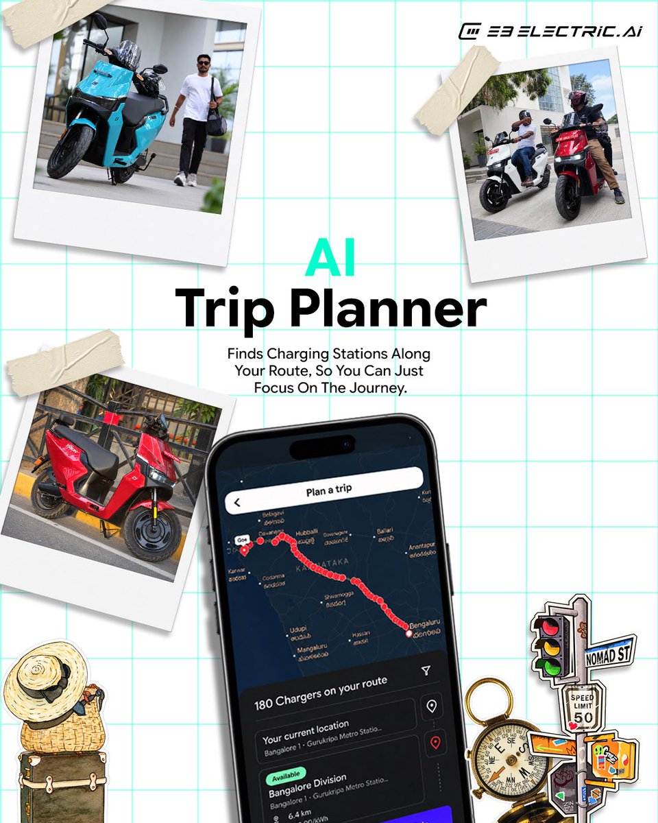 E3Electric_ai's tweet photo. Your journey, planned smarter.😇
E3 Trion’s AI Trip Planner finds charging stations along your route, so you can ride ahead with one less thing to worry about.
#EVCharging #E3Trion #EV #IndiasFirstIntelligentElectricScootee #ElectricScooter https://t.co/TQenezRo0J