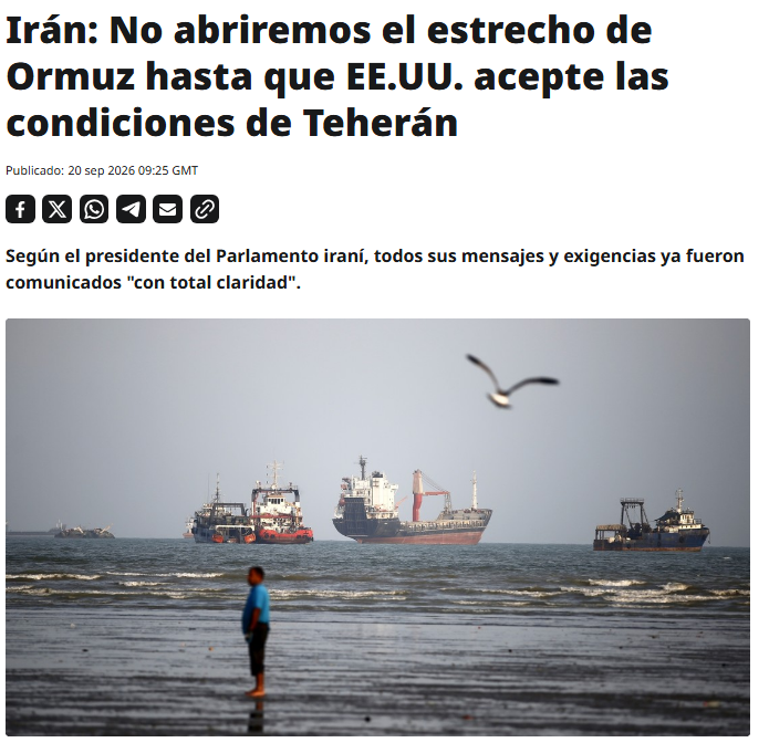 ActualidadRT's tweet photo. 🇮🇷🗣 "NO ABRIREMOS EL ESTRECHO de Ormuz hasta que EE.UU. acepte las condiciones de Teherán" - Irán

‼️Según el presidente del Parlamento iraní, todos sus mensajes y exigencias ya fueron comunicados "con total claridad"

¿Qué incluyen?  https://t.co/WrPJcicjHk https://t.co/w59v9zNoer