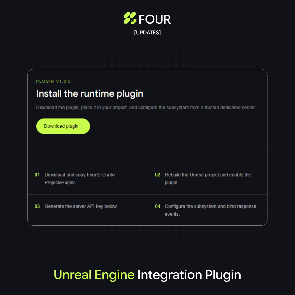 fourbtd's tweet photo. Unreal Engine Integration Plugin is now available.

Bring persistent memory, character profiles, and evolving gameplay events into your Unreal projects.

Download the plugin and start building with FOUR.

https://t.co/WQWlCfpuaf https://t.co/OlPyx5IEnF