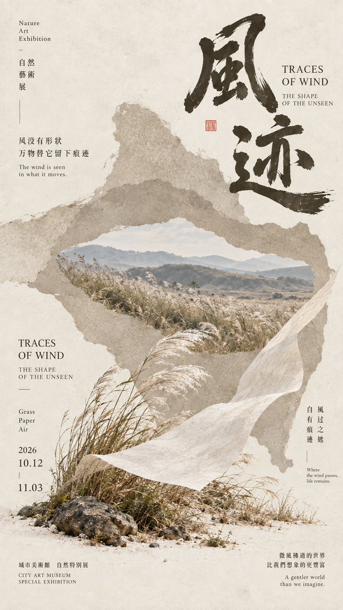 MrLarus's tweet photo. 🌿 Images 2.5 做这种自然文化海报，质感真的很舒服！

书法大字、自然色块、真实风景和立体实物叠在一起，纸本感和空间感都有了

1. 风迹：草木、薄纸与风
2. 汲泉：山涧、石钵与水
3. 苔庭：苔藓、山石与雾
4. 松间：松枝、枯木与山林

✨ 适合用于艺术展览、文化品牌、东方视觉和生活方式海报！

Prompt 👇
