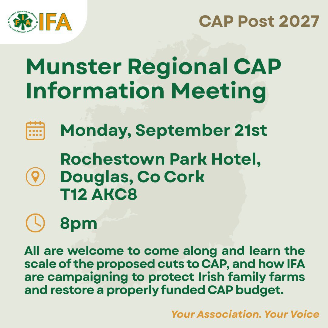 IFAmedia's tweet photo. REMINDER: IFA will hold a Munster Regional CAP Information meeting, tomorrow night, Monday September 21st, at 8pm in the Rochestown Park Hotel, Co Cork. All welcome to attend. #ProtectCAP https://t.co/2DNQyzoBmf