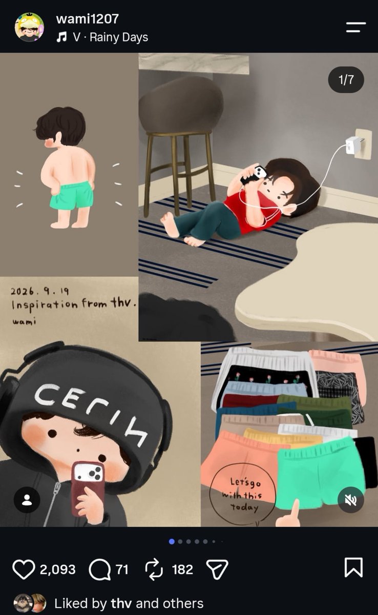 koovarbie's tweet photo. Taehyung liked a fanart about his recent instagram post

caption: Thank you for showing us so many shorts 🥹🫶 https://t.co/Wp81x4rRt3