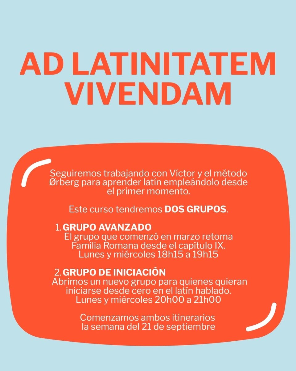 VictoriusHispal's tweet photo. Salvete omnes!

Tandem aliquando cursus academicus incipit, atque occasionem rapio ut scholas quas hoc anno acturus sum
nuntiem.

Itaque duo erunt gradus, quorum primus tironibus (inde a capitulo | Familiae Romanae), alter autem provectioribus (inde a capitulo IX) destinatus est https://t.co/hk3nQmfW9p