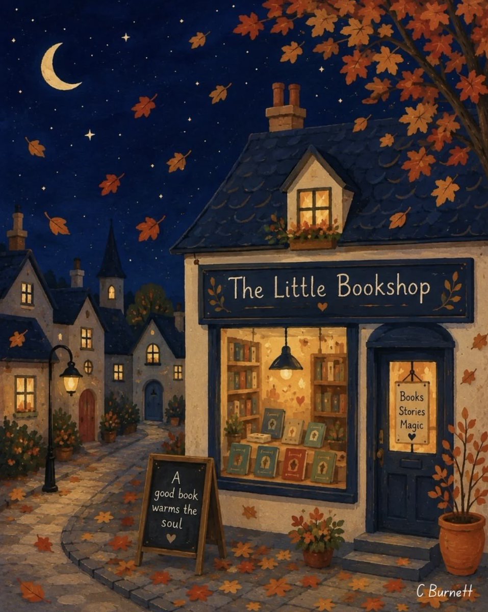 OpheliaLunpl's tweet photo. Beneath the moon 
and autumn skies
a little bookshop 
softly glows
where every page 
becomes a door,
and every story 
feels like home🍂📖🌙 https://t.co/bdqJgvrBKE
