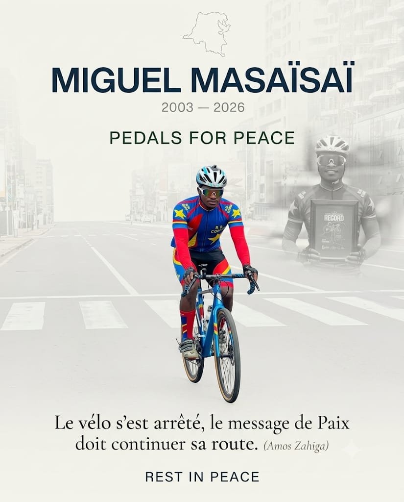 AmosZahiga's tweet photo. J’ai longtemps refusé d’y croire.

Miguel Masaïsaï, 23 ans, portait la paix de Goma à Rabat à vélo à travers Pedals for Peace. Un accident a brutalement interrompu son chemin.

Le vélo s’est arrêté.
Mais le message de paix doit continuer sa route. 
Mes condoléances à sa famille https://t.co/w6sji4KahA