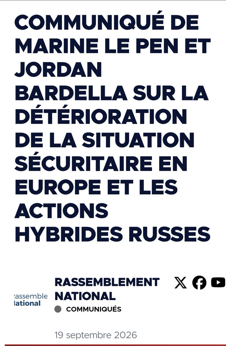jacopo_iacoboni's tweet photo. Il comunicato di Marine Le Pen e Bardella contro le interferenze e gli attentati russi (che nomina esplocitamente) in Francia e in Europa è sorprendente, anche se andrà misurato nel tempo.

Certo sono parole che Conte, Vannacci e Salvini non direbbero mai, contro la Russia. https://t.co/R4wIzbz5NF