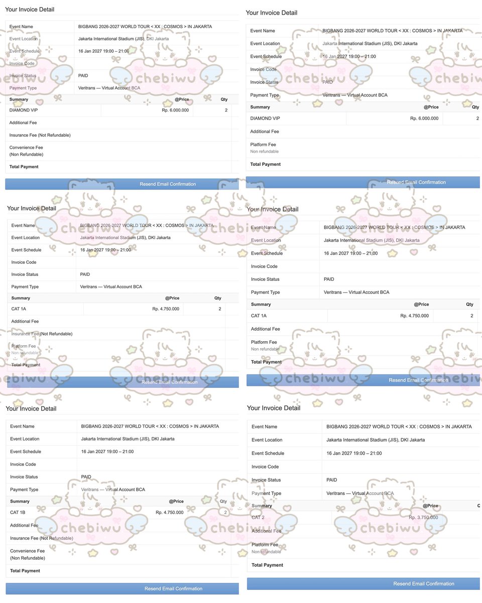chebiwu's tweet photo. [🎫] #cbwtix

proof jaswar bigbang 2026-2027 world tour < xx : cosmos > in jakarta 

secured:
diamond vip - 4 tix
gold vip - 2 tix
cat 1a - 4 tix
cat 1b - 2 tix
cat 2 - 2 tix
cat 4 - 2 tix 

total: 16 tix ♡ 

thank you so much 🙆🏻‍♀️🩷 https://t.co/QHWAGb93zb