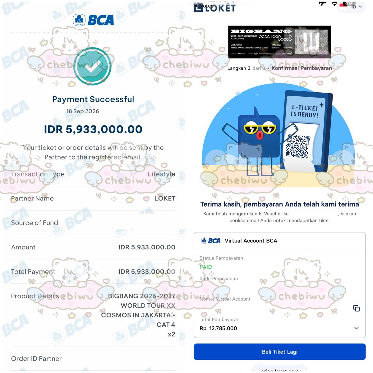 chebiwu's tweet photo. [🎫] #cbwtix

proof jaswar bigbang 2026-2027 world tour < xx : cosmos > in jakarta 

secured:
diamond vip - 4 tix
gold vip - 2 tix
cat 1a - 4 tix
cat 1b - 2 tix
cat 2 - 2 tix
cat 4 - 2 tix 

total: 16 tix ♡ 

thank you so much 🙆🏻‍♀️🩷 https://t.co/QHWAGb93zb