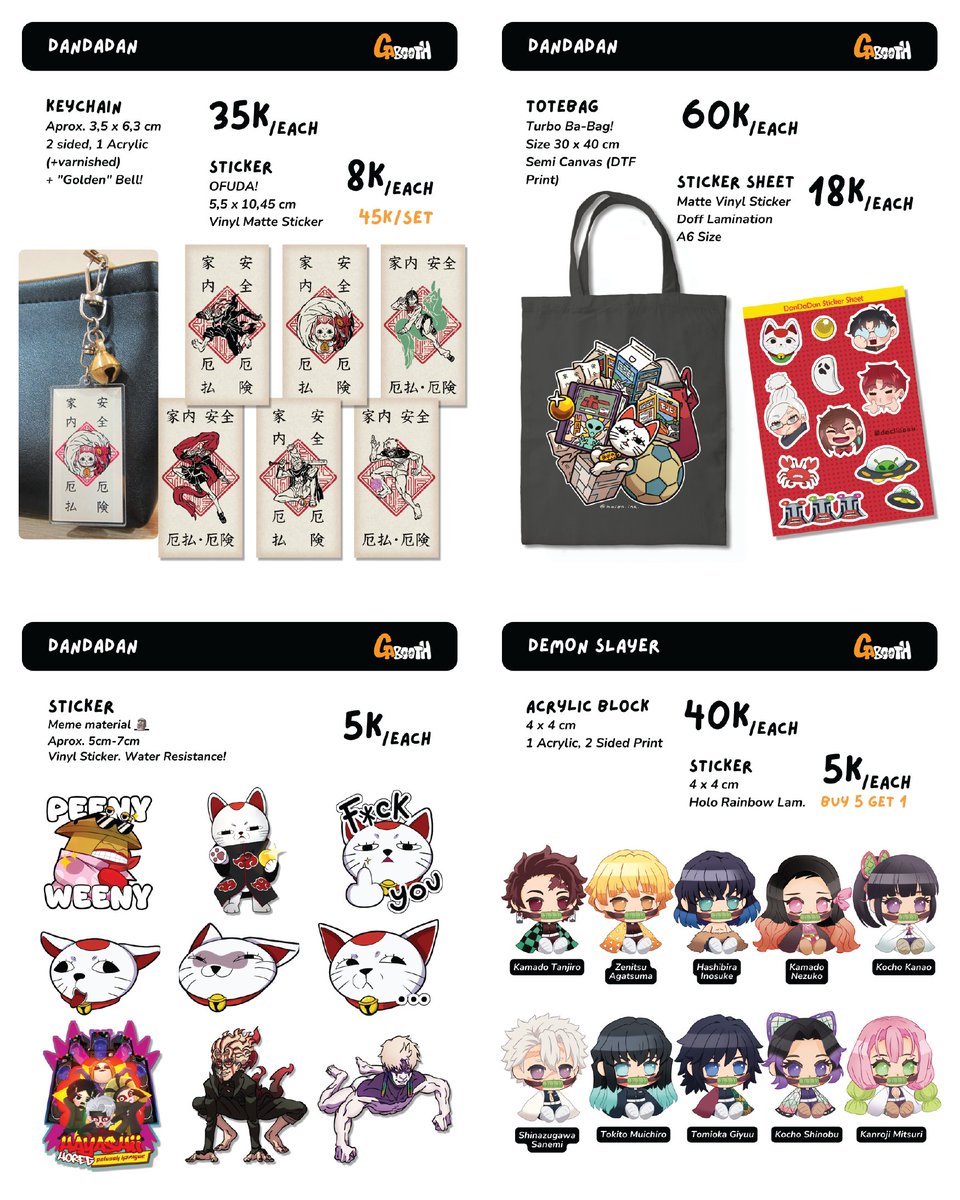 deciidesu's tweet photo. Dandadan:
We do restock our dandadan merch here. From keychains to stickers!
Demon Slayer:
For our acrylic block and stickers here we got new characters
#CF23 #comifuro23 #demonslayer #dandadan #cf23catalog #comifuro23catalog https://t.co/9Pnf0fYR9F