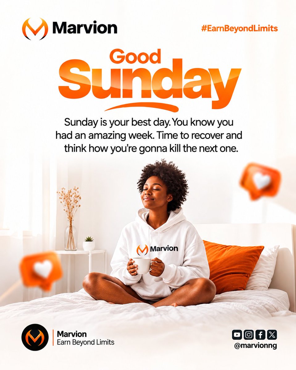 MarvionDigital's tweet photo. ☀️ GOOD SUNDAY, MARVION FAMILY! 🧡

Sunday is a perfect time to pause, recharge, and appreciate how far you’ve come. Every new week brings fresh opportunities to learn, grow, and make progress.

As we step into another week, keep your mind focused and your goals clear. Small steps taken consistently can lead to big results. 🚀

Take some time to rest today, prepare yourself, and get ready for another productive week with Marvion — Earn Beyond Limits. 🧡🔥

 Have a beautiful and blessed Sunday, Great Champions! ✨