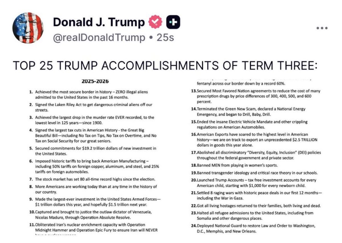 StephehMilce's tweet photo. 🚨 President Trump just posted “Top 25 Trump Accomplishments of TERM THREE” MIC DROP 🔥 

Liberals can’t stand all this WINNING https://t.co/BNOn7aV9vn