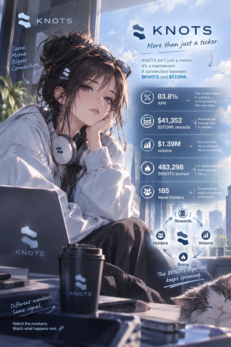 heawte's tweet photo. KNOTS STATS  THE NUMBERS ARE STARTING TO STACK

83.8% APR isn’t just a headline.
$41,352 in $STONK rewards have already been generated through the mechanism.

Then there’s the activity: $1.39M in volume moving through $KNOTS, while 483,298 $KNOTS have been burned along the way.

The holder count is shifting too, with 185 fewer holders another snapshot of how the market is changing around the token.

Put everything together and you get a much bigger picture than a simple stats sheet:

rewards being generated, volume circulating, supply being burned, and the mechanism continuing to run.

That’s the part worth watching.

$KNOTS keeps turning