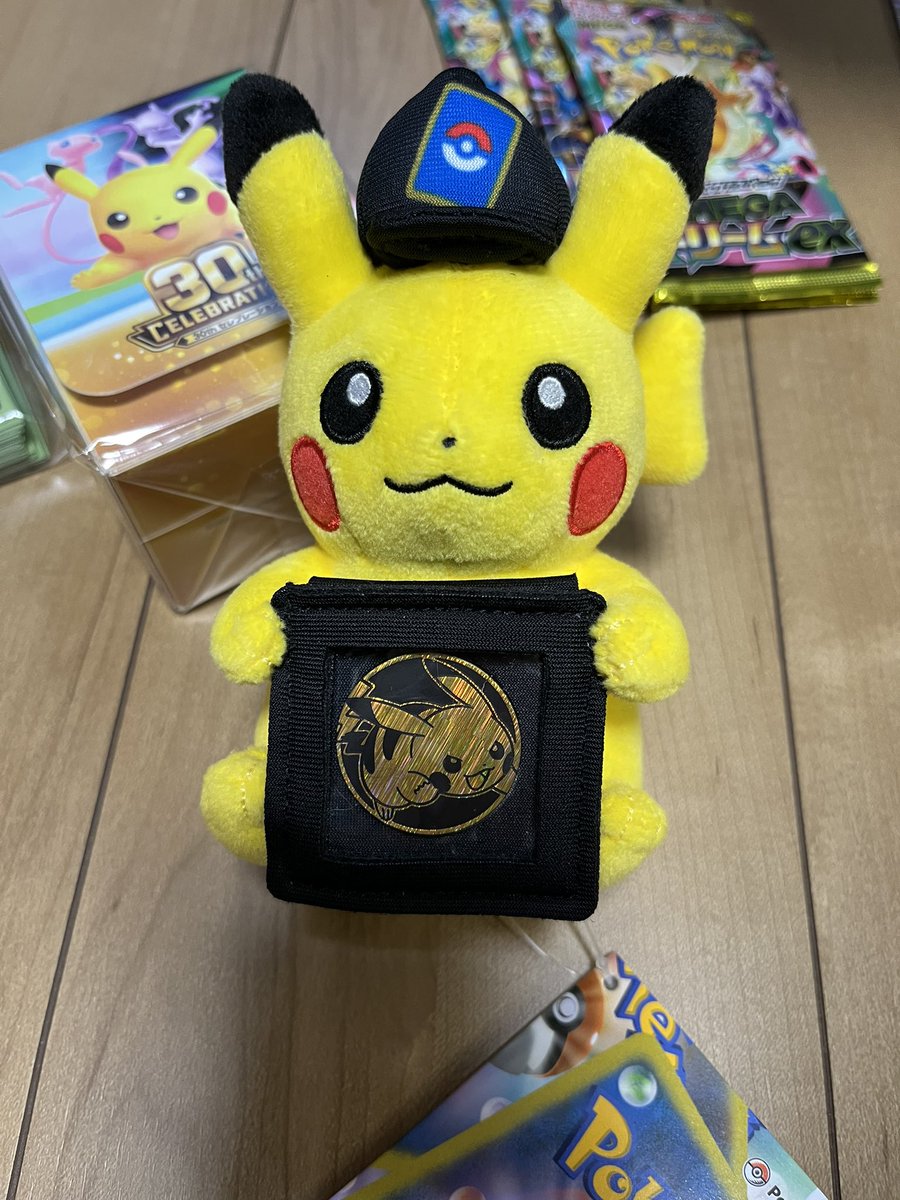 roppuI's tweet photo. ポケカ特設ストアの戦利品

ファイルとケース、スリーブ、限定カラビナマスコット

サザレさんは自分の趣味です　はい

ピカチュウ好きな息子氏はコインのガチャでピカチュウを当てて喜んでいた　早速ぬいにセットしていた https://t.co/ggIq4tTOiH