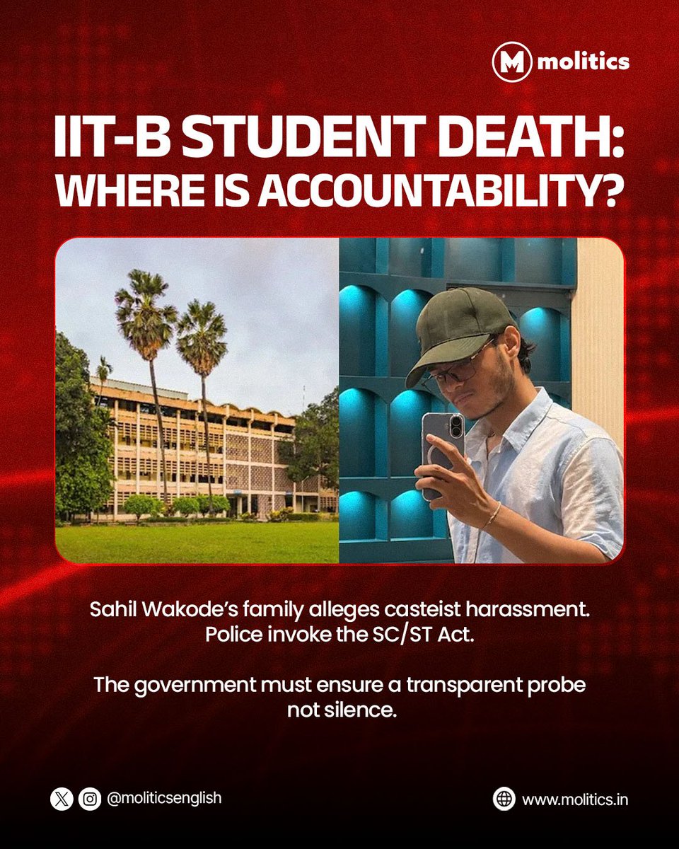 MoliticsEnglish's tweet photo. Sahil Wakode’s father alleges his son faced casteist remarks and harassment for three months at IIT Bombay.

Mumbai Police have invoked the SC/ST Act and registered a case against a professor.
 The Crime Branch is investigating.

#IITBombay #SahilWakode #CasteDiscrimination https://t.co/FaibwyrW76