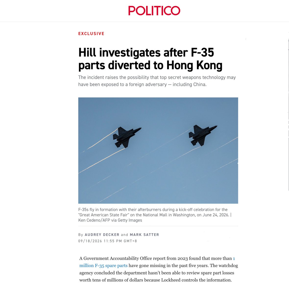 OopsGuess's tweet photo. The funniest part of this story is that an American logistics failure somehow becomes a China problem.

F-35 components were misrouted.
Pentagon tracking failed.
Parts disappeared.

More than a million F-35 spare parts had already gone missing over the previous five years.

And the headline anxiety becomes:

What if China gets them?

Perhaps the first question should be:
How the hell does the Pentagon keep losing parts from one of the most expensive weapons programs in human history?

And the irony is even better.

While Washington panics over whether China might reverse-engineer pieces of the F-35, China is already pushing multiple next-generation fighter programs of its own, while the U.S. Navy’s F/A-XX is still fighting through delays, funding disputes and contractor selection.

America loses the parts.
China becomes the threat.

Apparently even Pentagon incompetence now requires a Chinese villain.