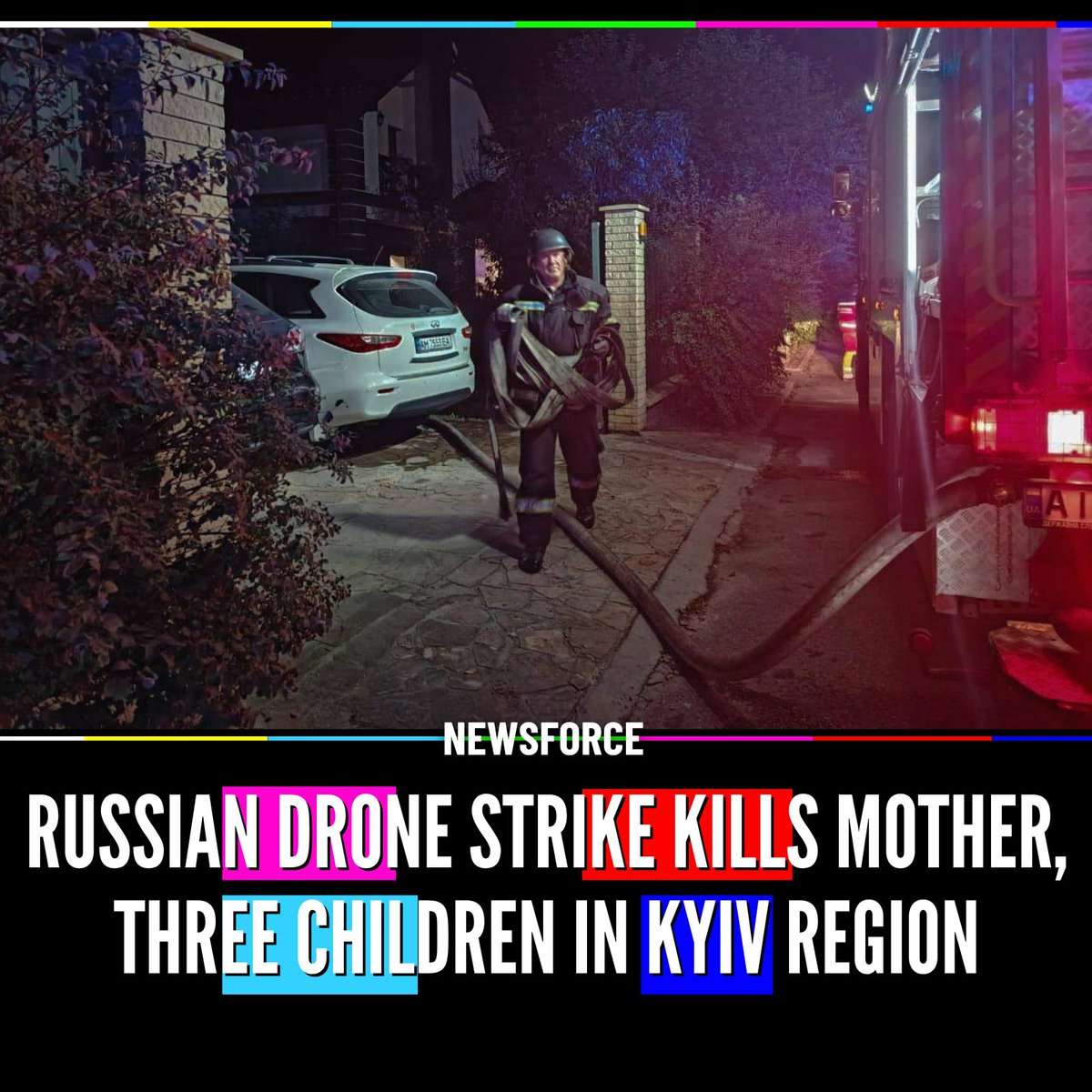 Newsforce's tweet photo. 🇷🇺🇺🇦 A Russian drone strike on Ukraine's Kyiv region killed a mother and her two 3-year-old children overnight.

A fourth victim, a young girl, died in hospital after a separate strike in another district.

Kyiv regional governor Tymur Tkachenko said the region endured over a day of continuous attacks, damaging 31 sites across 5 districts.
