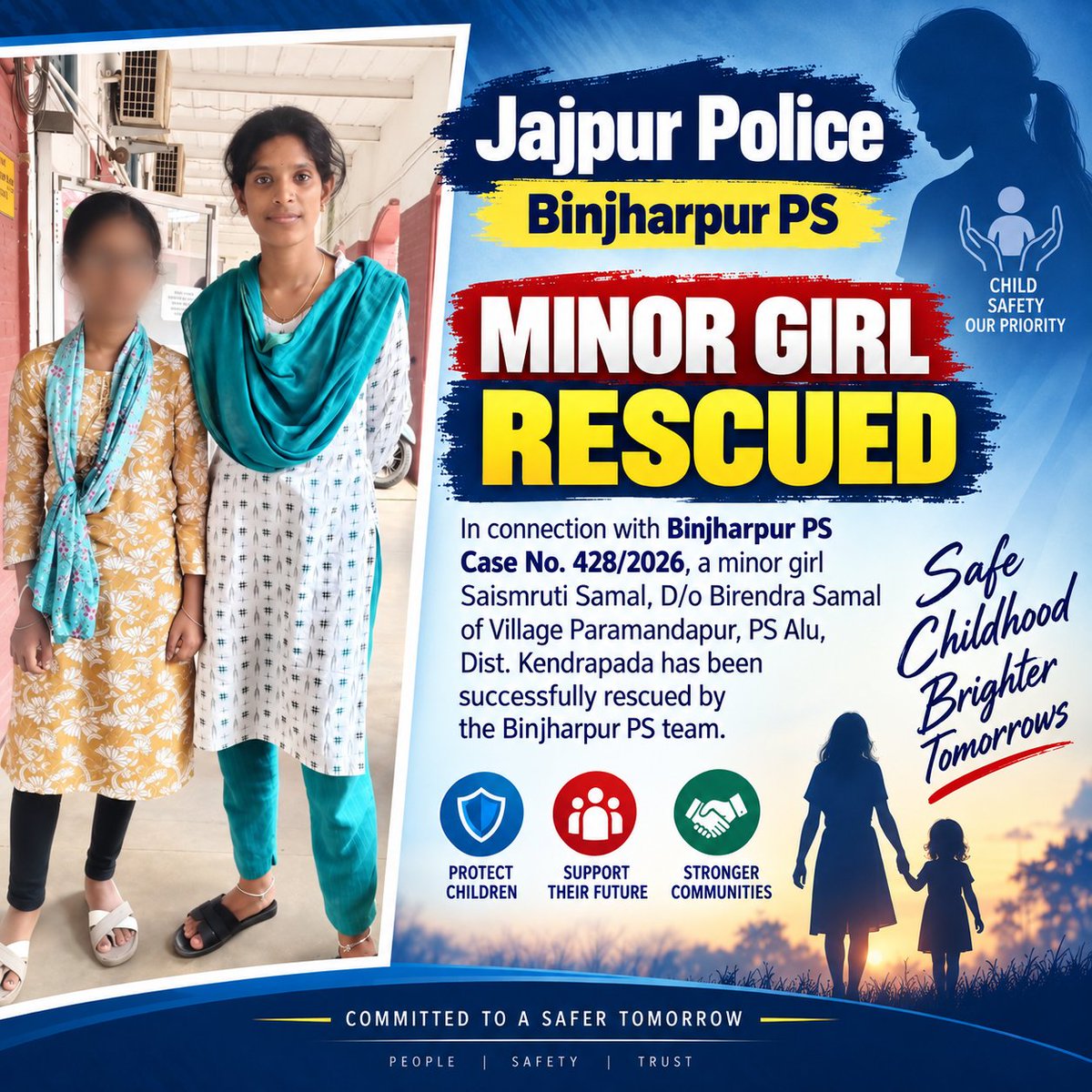 spjajpur's tweet photo. Jajpur Police | Binjharpur PS
MINOR GIRL RESCUED
In connection with Binjharpur PS Case No. 428/2026, a minor girl has been successfully rescued by the Binjharpur PS team.
Swift Action • Safe Rescue • Child Protection
#JajpurPolice #BinjharpurPS #MinorRescued #ChildSafety #WomenSafety #CommittedToServe @odisha_police @DGPOdisha @igcrcuttack