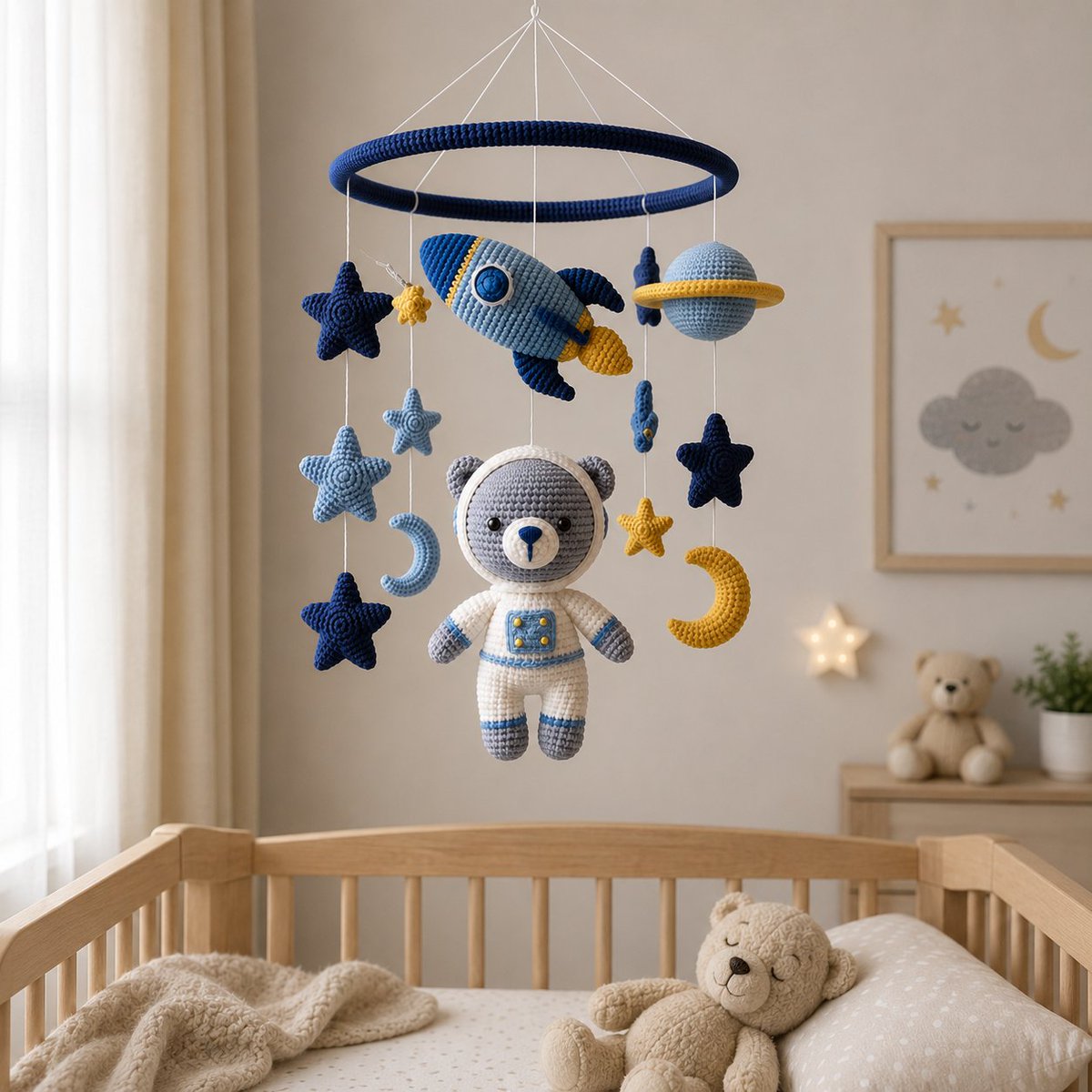 YarnandYield's tweet photo. Crochet Baby Mobile Pattern | YarnAndYield 🚀🐻🌙
Create a magical space-themed crib mobile with an Astronaut Bear, Rocket, Saturn, Moons &amp; Stars! ✨

Perfect for nursery décor or a handmade baby gift.

Instant Download:
https://t.co/fpGwxtkeIq

#BabyMobileCrochet #CrochetBaby https://t.co/GQ8j7vJfsw