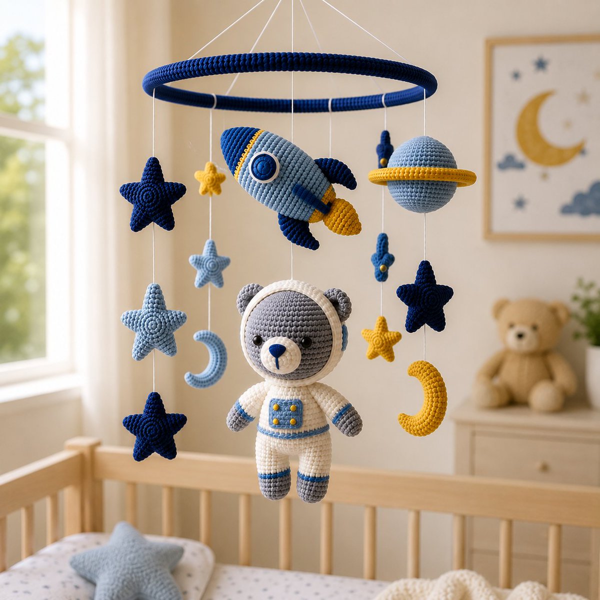 YarnandYield's tweet photo. Crochet Baby Mobile Pattern | YarnAndYield 🚀🐻🌙
Create a magical space-themed crib mobile with an Astronaut Bear, Rocket, Saturn, Moons &amp; Stars! ✨

Perfect for nursery décor or a handmade baby gift.

Instant Download:
https://t.co/fpGwxtkeIq

#BabyMobileCrochet #CrochetBaby https://t.co/GQ8j7vJfsw