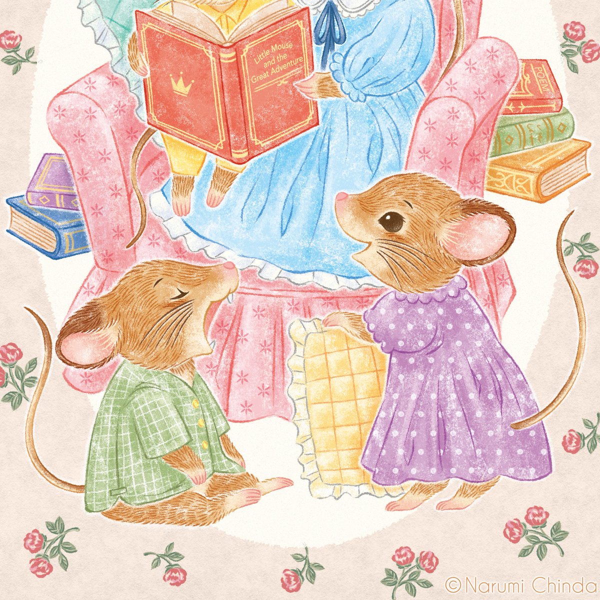 narumimi_mi's tweet photo. 🐭𝙼𝚘𝚖𝚖𝚢, 𝚝𝚎𝚕𝚕 𝚖𝚎 𝚊 𝚜𝚝𝚘𝚛𝚢📚

子供達が読み聞かせをねだるものだから、ねずみのお母さんは夜までずっと大忙しです💦あらあら？既におねむのおチビちゃんがいるみたい😴

再掲イラストです✨読書の秋、芸術の秋‥連休はどんな風に過ごす予定ですか？☺️

#イラスト好きな人と繋がりたい https://t.co/SN20tv5cwY